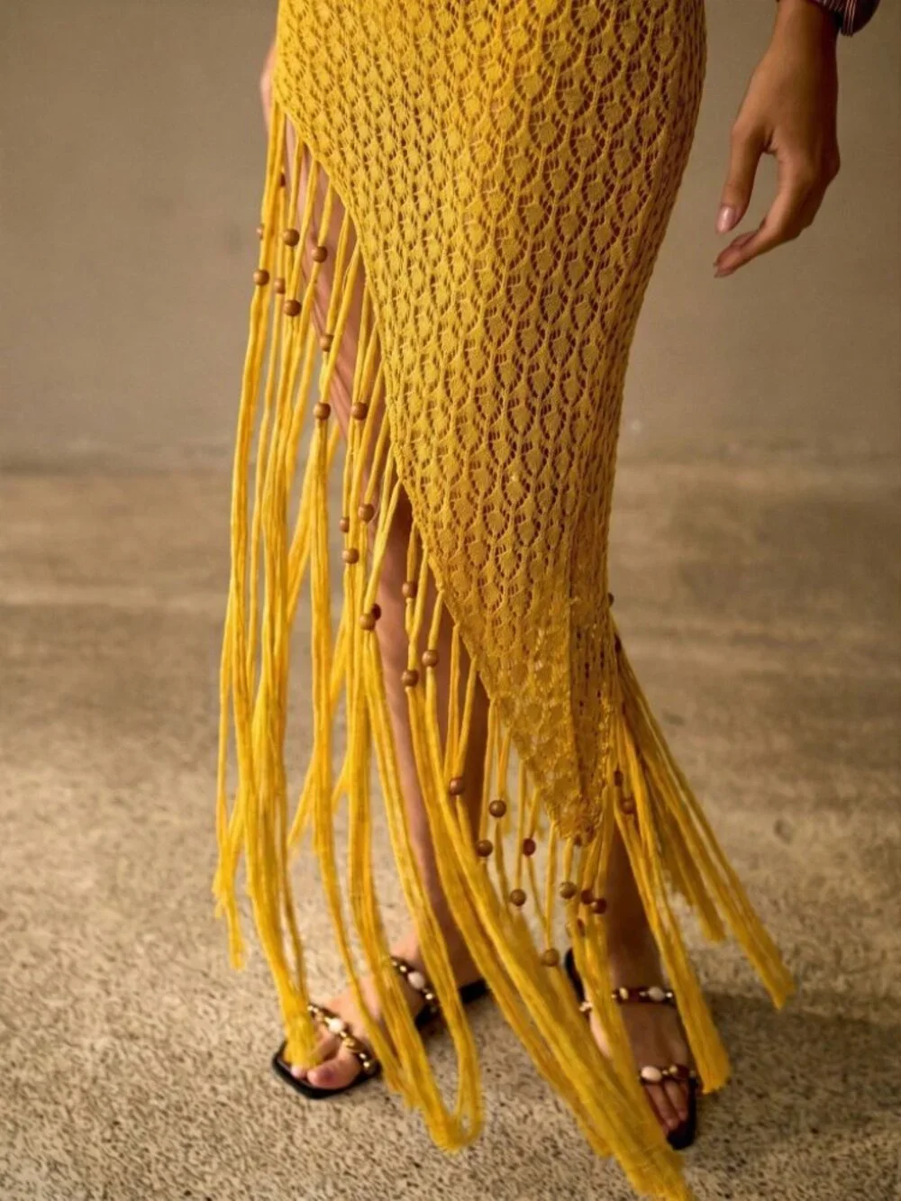 Mustard Yellow Crochet Knit Fringe Maxi Dress